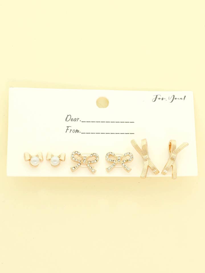 Assorted Bow Stud Earring Set Featuring Pearl and Rhinestone for wholesale by SP Sophia Collection