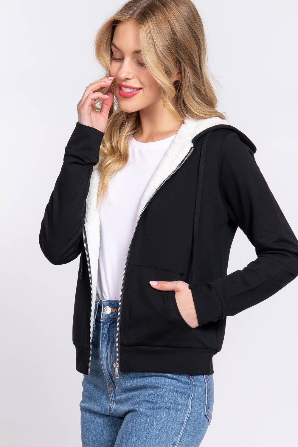 Active Basic | Active USA - Venta al por mayor Sudadera con capucha - Mujer - Chaqueta interior de felpa francesa con capucha y cremallera de piel sintética2