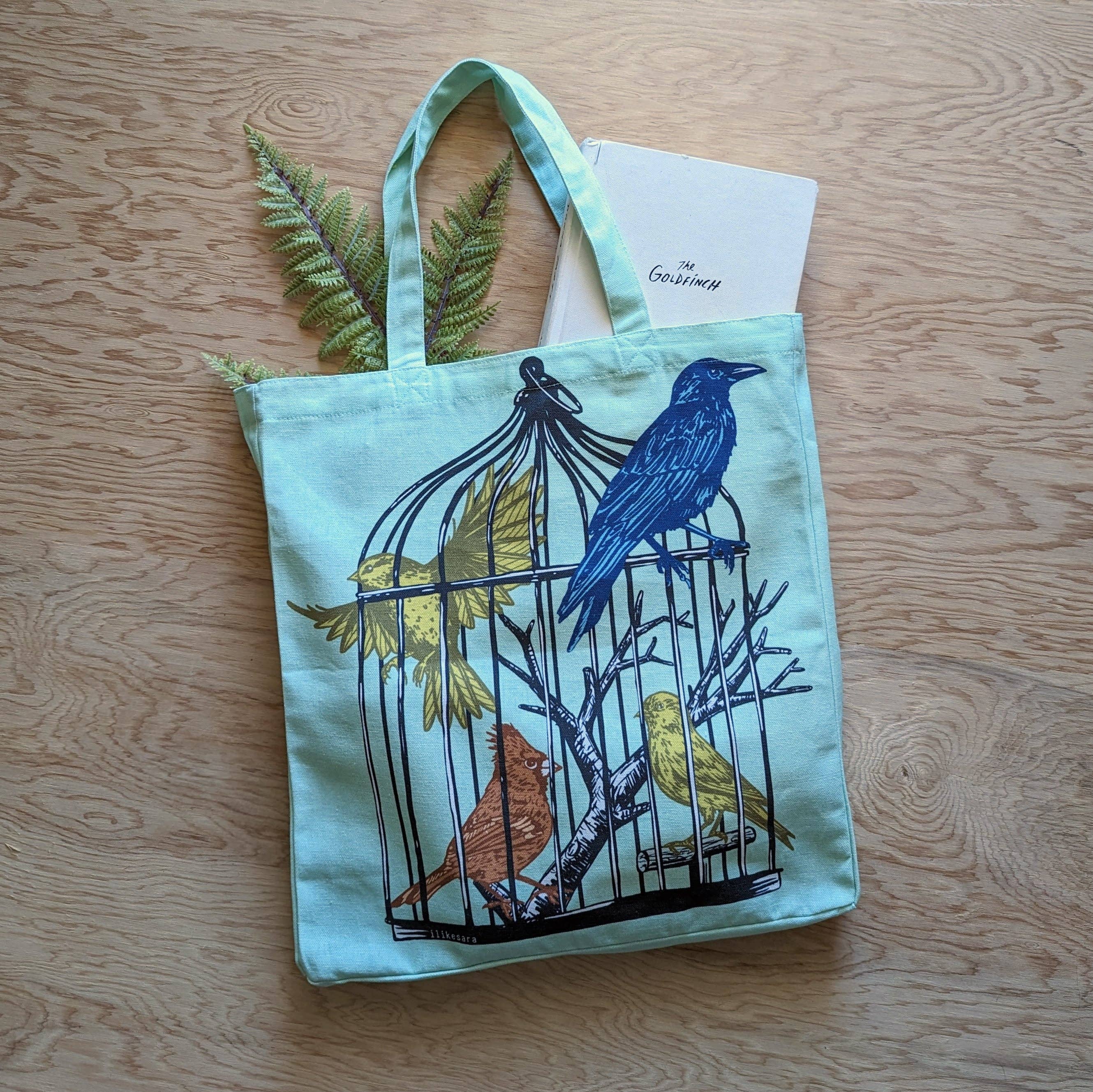 ilikesara | art + goods - Wholesale Tote Bag - Women's - tote bag | caged birds - light blue canvas screenprinted tote1