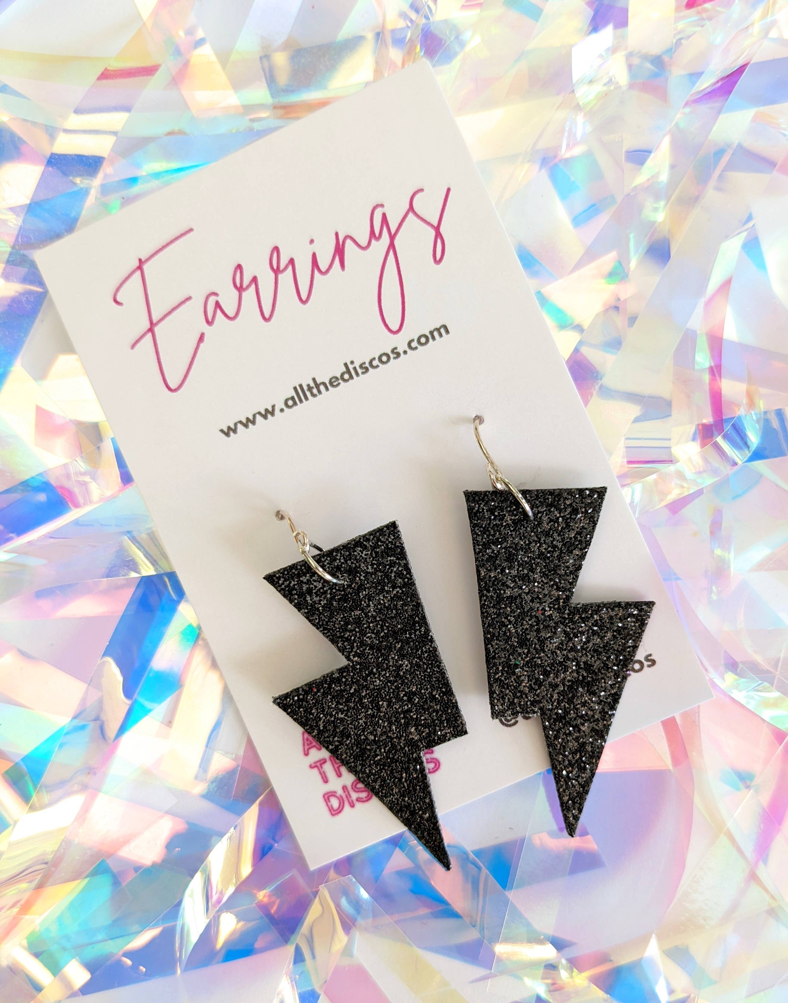 All The Discos - Vente Boucles d'oreilles pendantes - Petites boucles d'oreilles noires en forme d'éclair à fines paillettes2