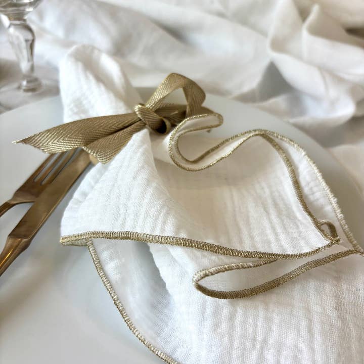 CHARMY - Wholesale Dinner & Cloth Napkin - Set of 4 Cotton Gauze Napkins – White Gold – 40x40cm