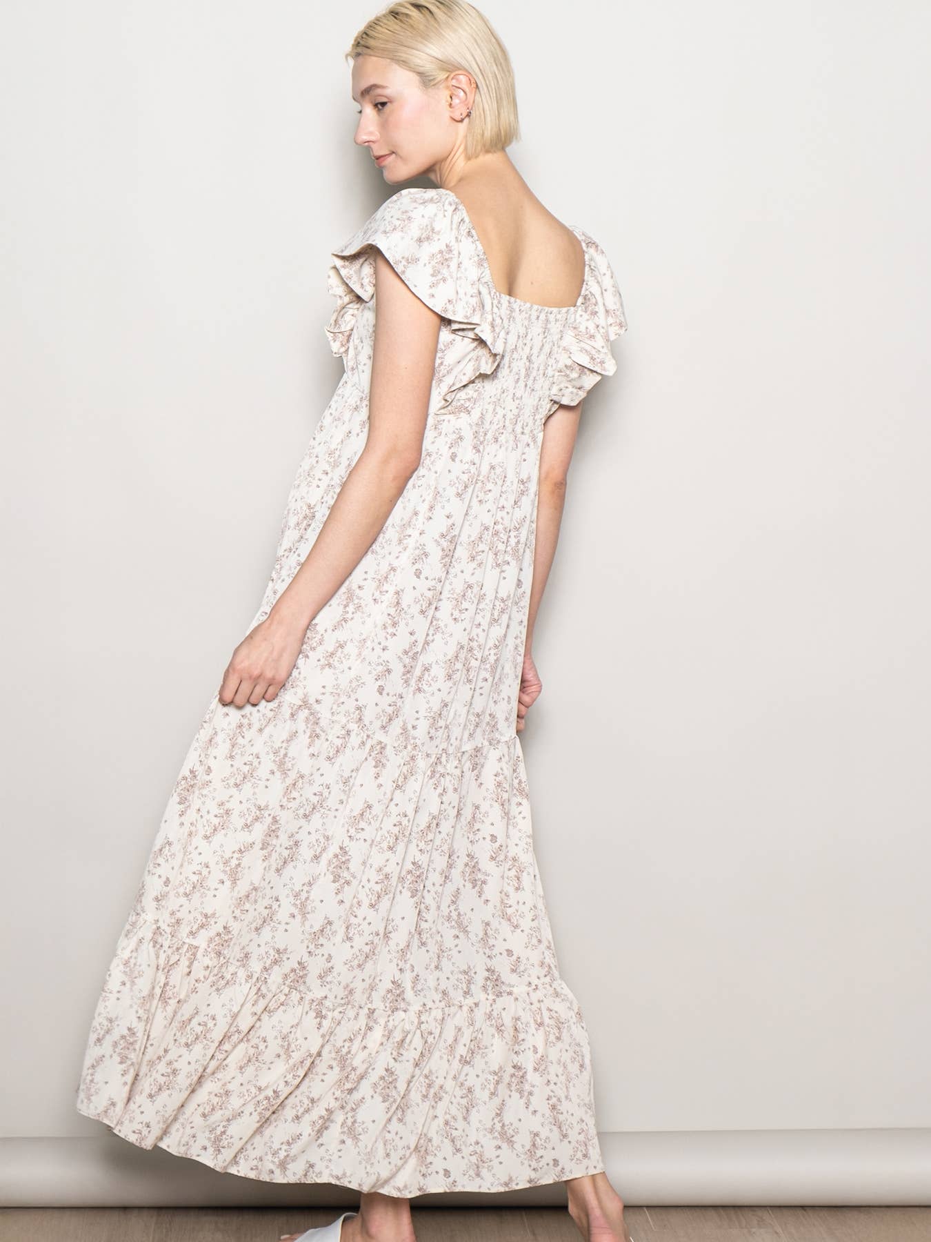 Elloh Collection - Wholesale Dress - Women's - On Off Shoulder Ruffle Sleeve Wide Flare Tiered Maxi Dress11