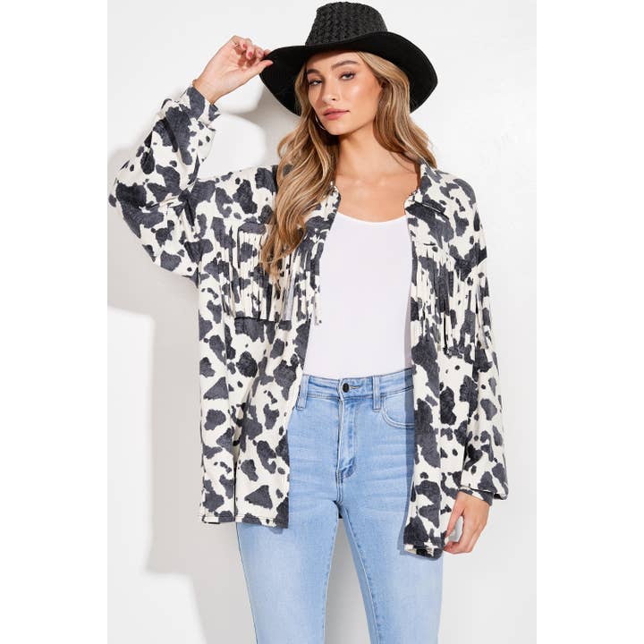 Veste chemise à franges à imprimé vache pour la vente par Phil Love