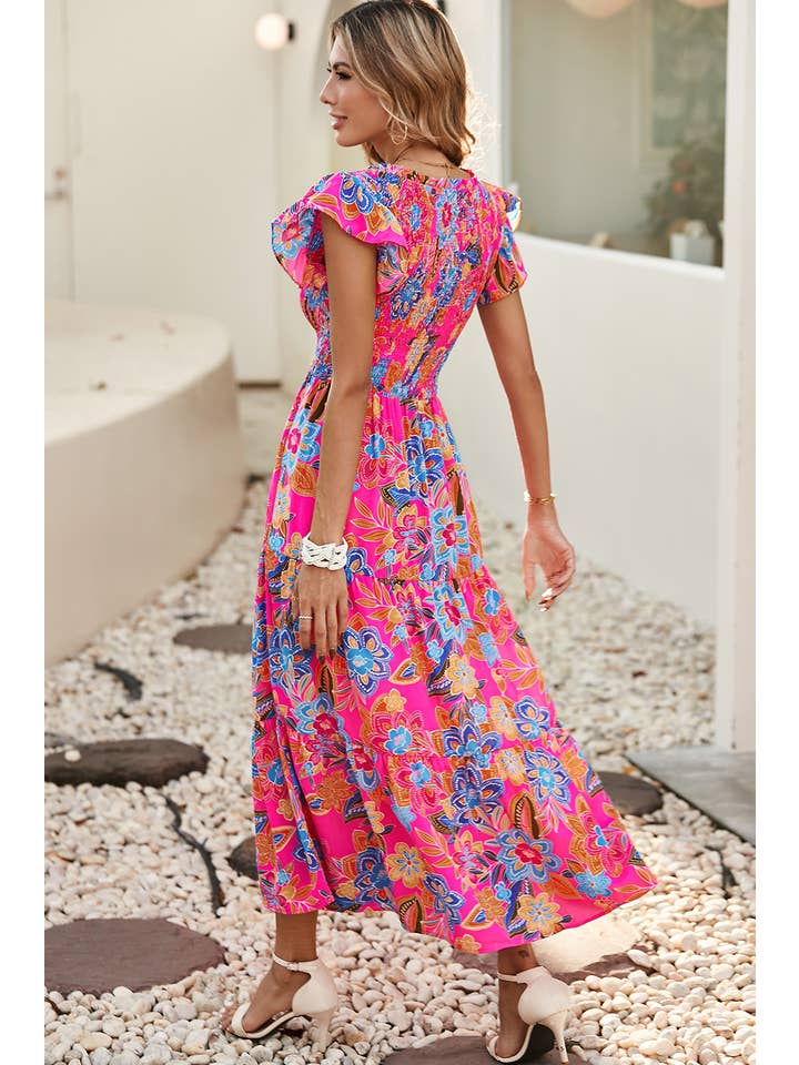 Rose Red LDC Boho Floral V Neck Ruffle Tiered Long Dress for wholesale on Faire