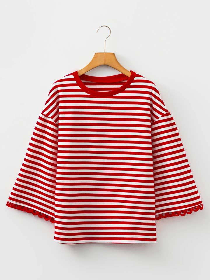 Lovesoft - Wholesale Blouse - Dames - Zwart Gestreept Print Drop Shoulder Kant Afgewerkt Armband Mouw Losse Top12