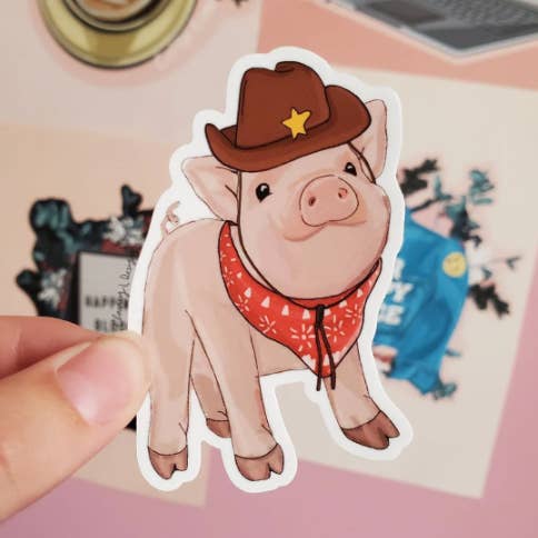 Autocollant vinyle Cowboy Pig pour la vente par Claire L Designs
