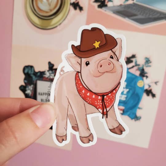 Cowboy Pig Vinyl Sticker for wholesale by Claire L Designs
