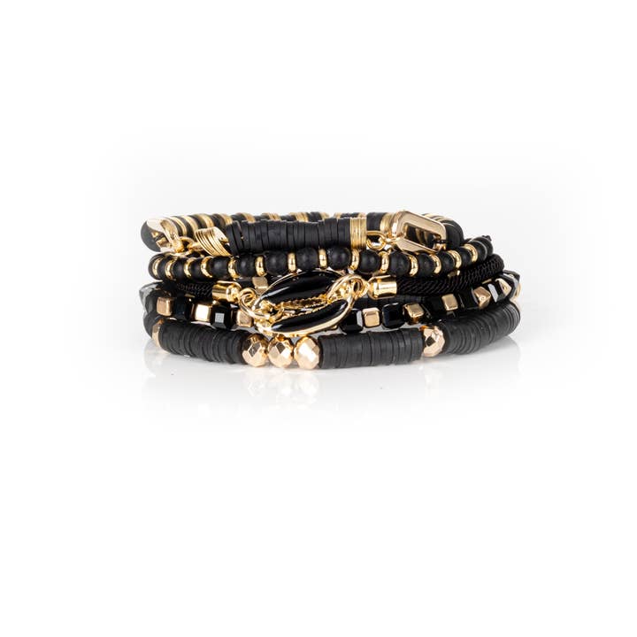 Pulsera Apilable de Concha de Ónix Negro con Cuentas de Oro y Azabache para venta al por mayor de The Dark