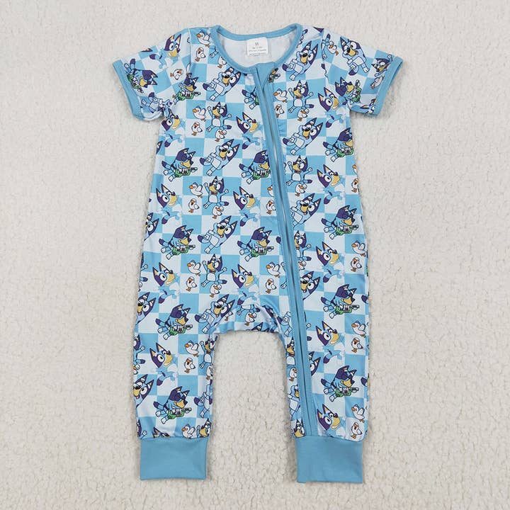 Baby Infant Boys Blue Checkered Dogs Short Sleeve Zip Rompers for wholesale by Aier Wholesale