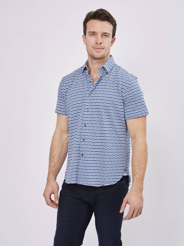 Max Colton Navy og Blue Swiggle Stripe Kortærmet Jerseystrik for engroshandel hos Luchiano Visconti