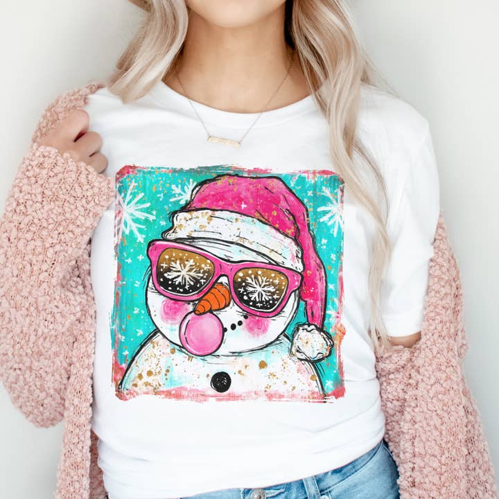 Bright Snowman Bubblegum Preppy Christmas Graphic Tee for wholesale by Par.tees by Party On!