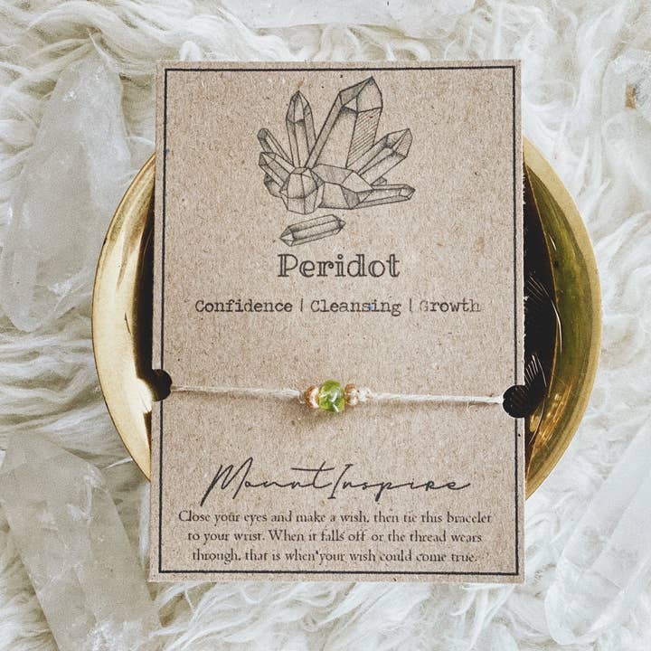 Peridot Crystal Wish Bracelet w/ Hemp & Gold Bead for wholesale by MountInspire Ltd.