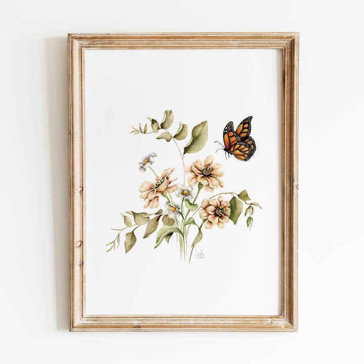 Sarah Jane Studio Art - Wholesale Art Print - Zinnias and Monarch Butterfly Watercolor Print