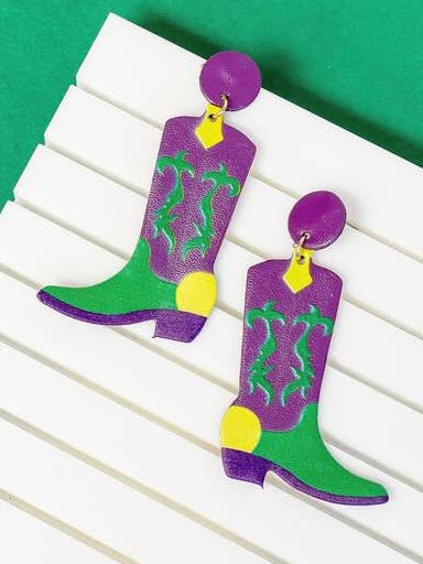 Boucles d'oreilles pendantes en forme de bottes de cowboy Mardi Gras pour la vente par Prep Obsessed Wholesale