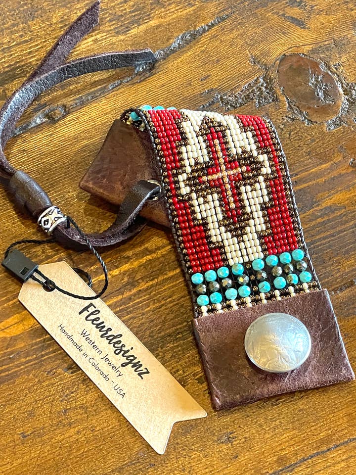 Western Beaded Leather Cuff Bracelet; Faith for wholesale by Fleurdesignz Western Jewelry