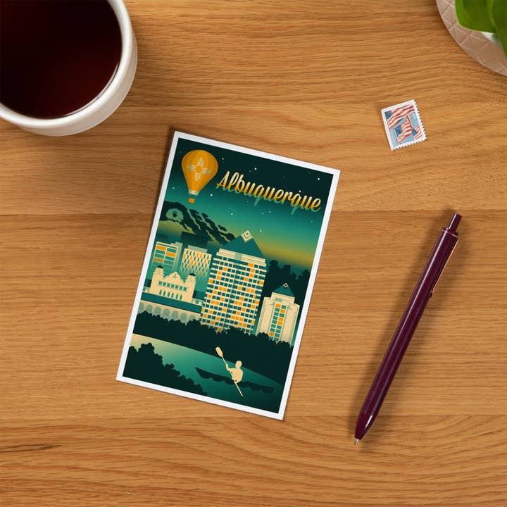 Lantern Press - Wholesale Postcard - PREMIUM POSTCARDS Albuquerque, NM, Retro Skyline Chromatic1