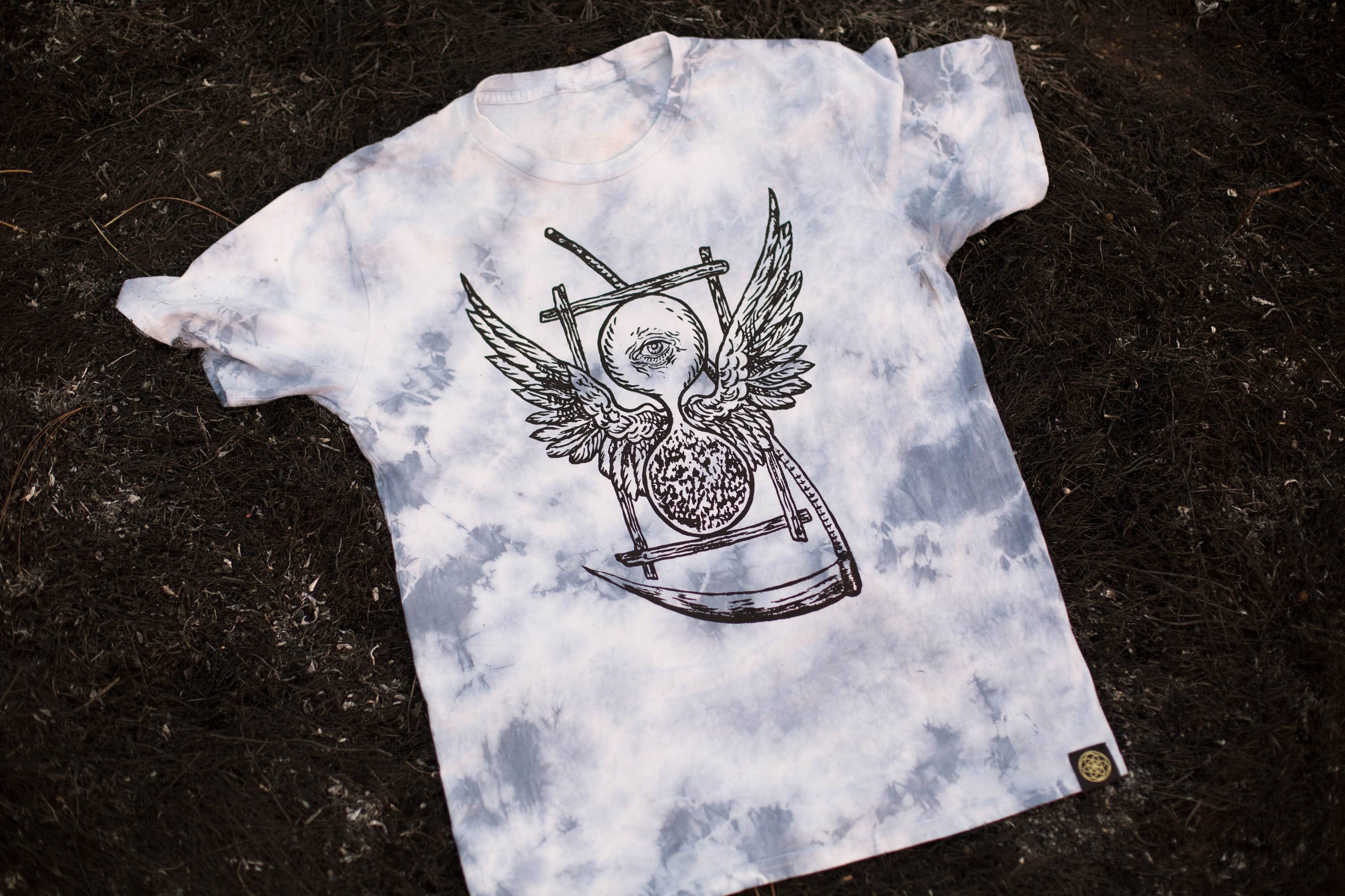 Sacred State Design - Wholesale Screen Printed T-Shirt - Men's - Pyramid Oracle Hourglass & Scythe Blue Dyed T-Shirt6