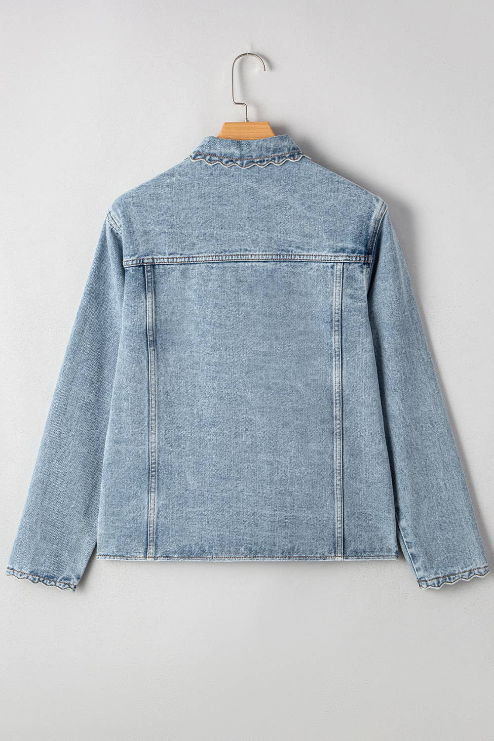 light blue Scallop Collar Pocket Button Up Denim Jacket for winter for wholesale on Faire4