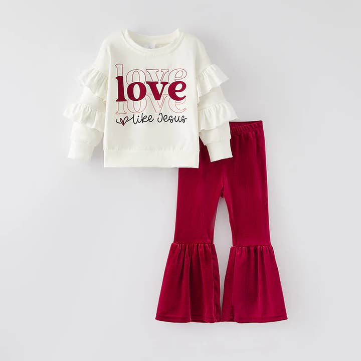 Auraquise - Wholesale Top & Pant Set - Kids - Girls“ Love Like Jesus” Ruffled Bell-Bottom Pants Set0