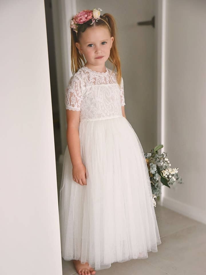 Annalise Girls White Short Sleeve Dress for wholesale by A Little Lacey