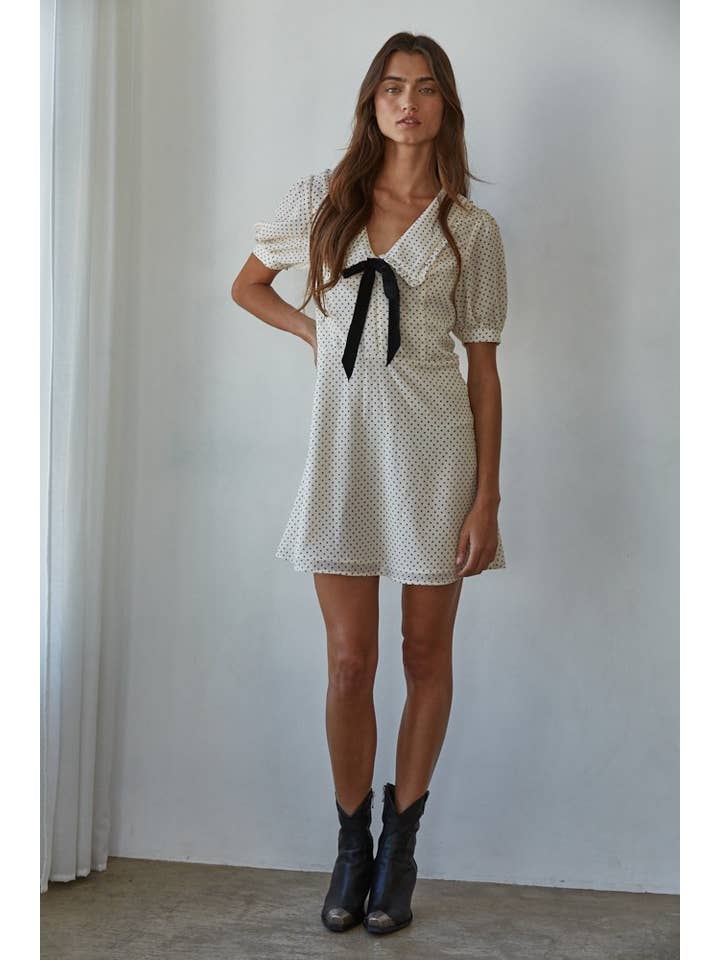 Cream L8821 | Woven Polyester Chiffon Swiss Dot Print Mini Dress for wholesale on Faire1