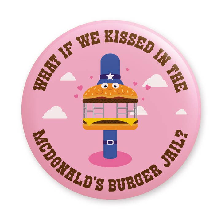 Krystan Saint Cat – wholesale Lapel pin/button – What If We Kissed In Burger Jail Pinback Button0