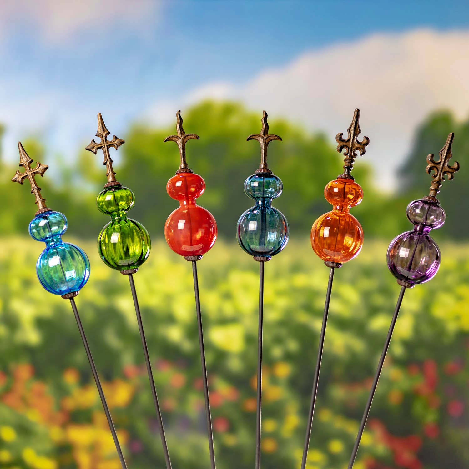 Zaer Ltd. International - Wholesale Garden/Lawn Stake - 55" Tall Glass Globe Iron Garden Stake- 6 Assorted7