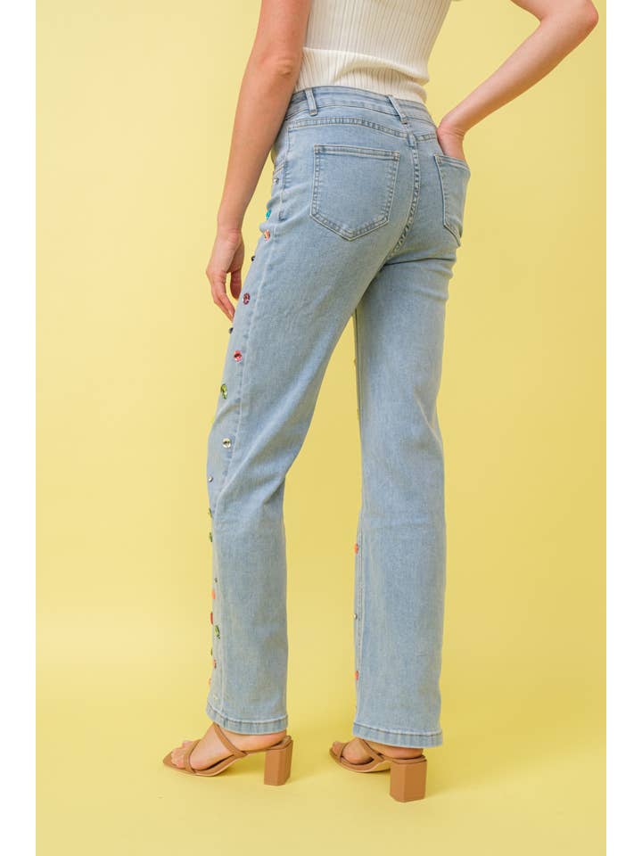 LIGHT WASH 61253P - Mid Rise Rainbow Jewel Embellished Denim Jeans for wholesale on Faire