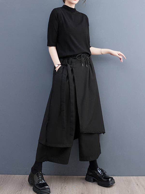 BLACK Wide Leg Loose Drawstring Solid Color Casual Pants Bottoms Culotte for wholesale on Faire1