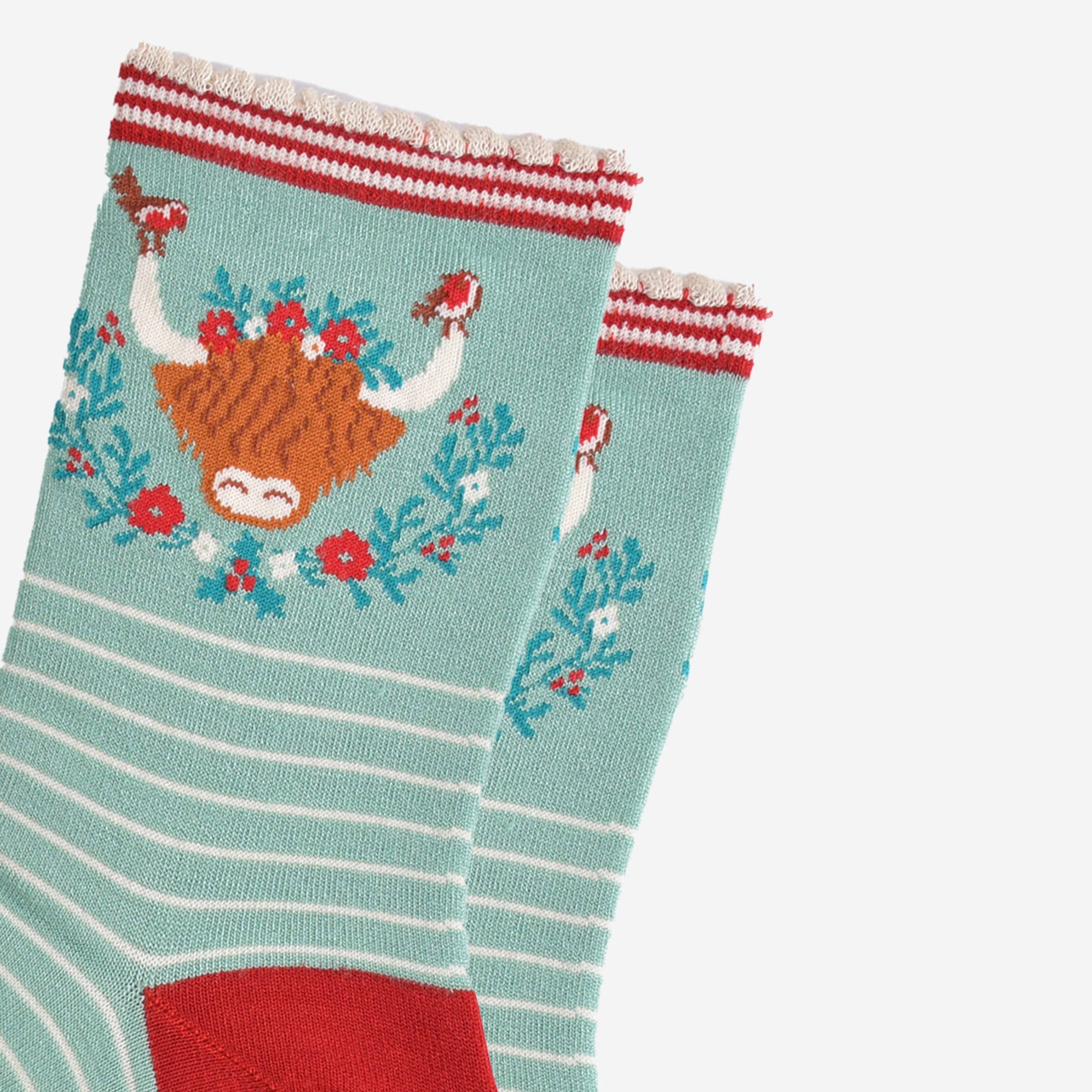 Sock Talk – wholesale Socks – Women's – Women's Bamboo Socks - Green/Red, Christmas Highland Cow11