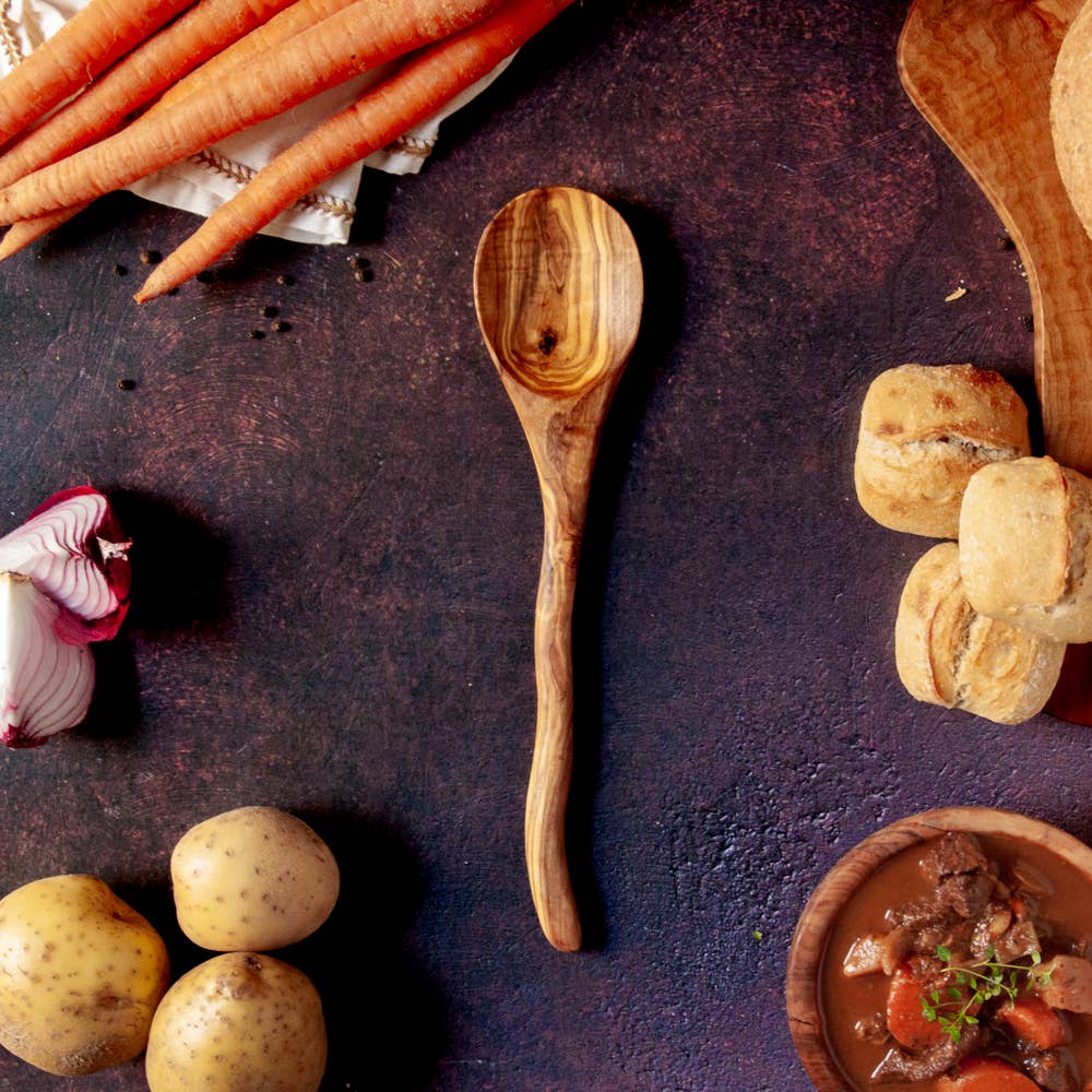 Vesper & Vine - Wholesale Kitchen Spoon - Curvy Cottage Spoon Hand Carved from Olive Wood