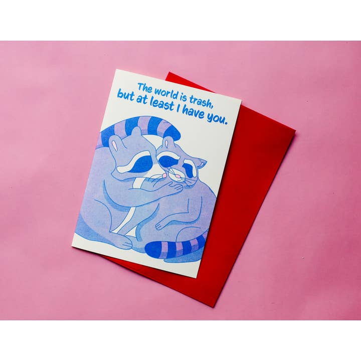 Valentine's Cute Raccoon Risograph Card for wholesale by By Danielle Witten