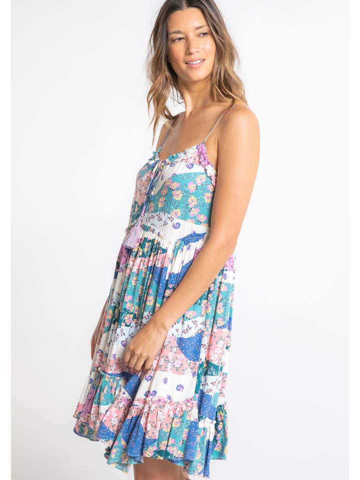 Ivory Jade Bohemian Floral Patchwork Tiered Mini Dress for wholesale on Faire