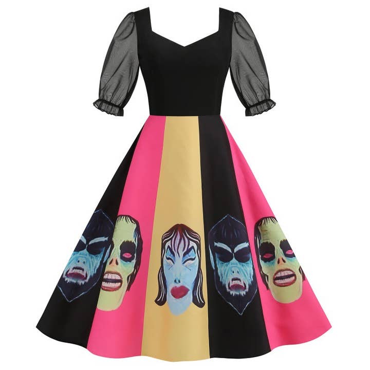 SALINA TRADING INC - Vente Robe – femme - Robe vintage imprimée à manches en résille pour fête d'Halloween5