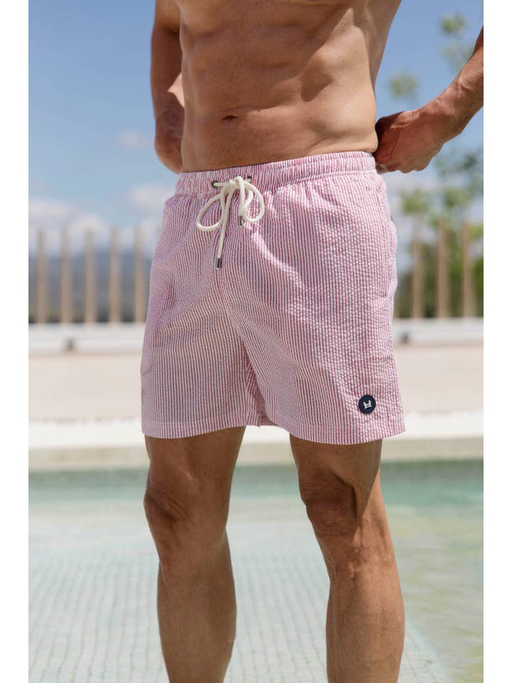 Custi Mikelo: Men's Clothing & Christmas Gifts - Wholesale Swim Shorts - Men's - Red Seersucker Swimsuit1