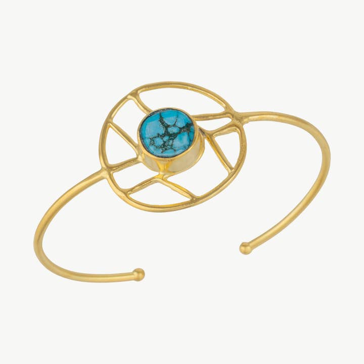 Oceanic Orb Adjustable Turquoise Cuff Bangle in Gold for wholesale by Mejoma