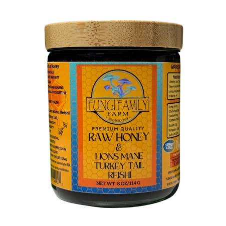 8 OZ Mushroom Infused Honey with Lions Mane, Reishi and Turkey Tail for wholesale by Maui Mushrooms & More