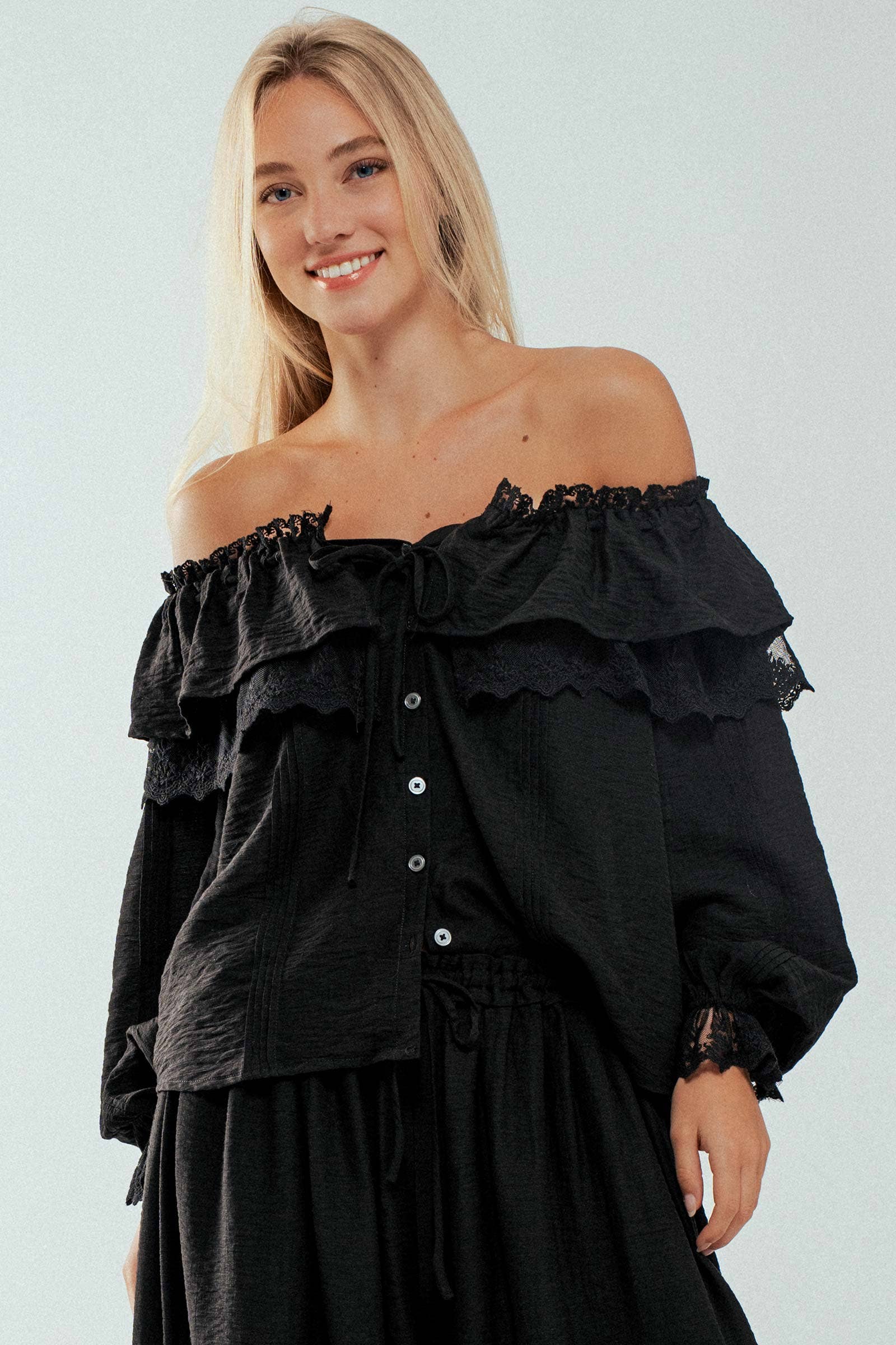 Urban Daizy - Wholesale Blouse - Women's - Lace Trim Ruffle Tie Neck Spring Blouse Top9