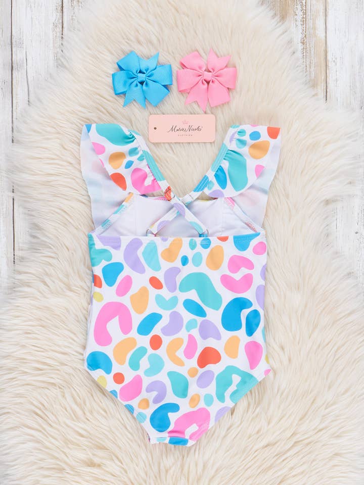 Marie Nicole Clothing - Wholesale One Piece Swimsuit - Kids - Colorful Leopard Print Ruffle Swimsuit