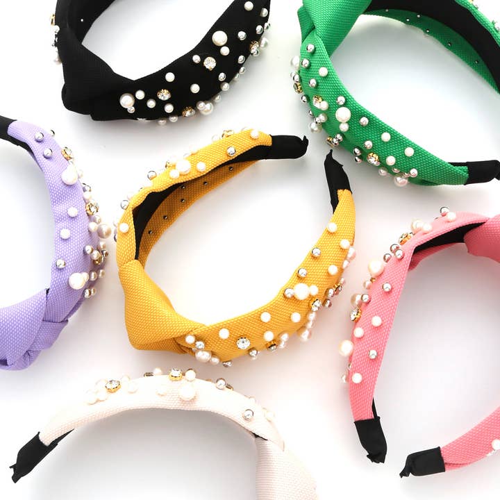 BANDEAU NŒUD AVEC STRASS, CLOU, PERLE ET PERLE, FH 4842 pour la vente par JOIA ACCESSORIES