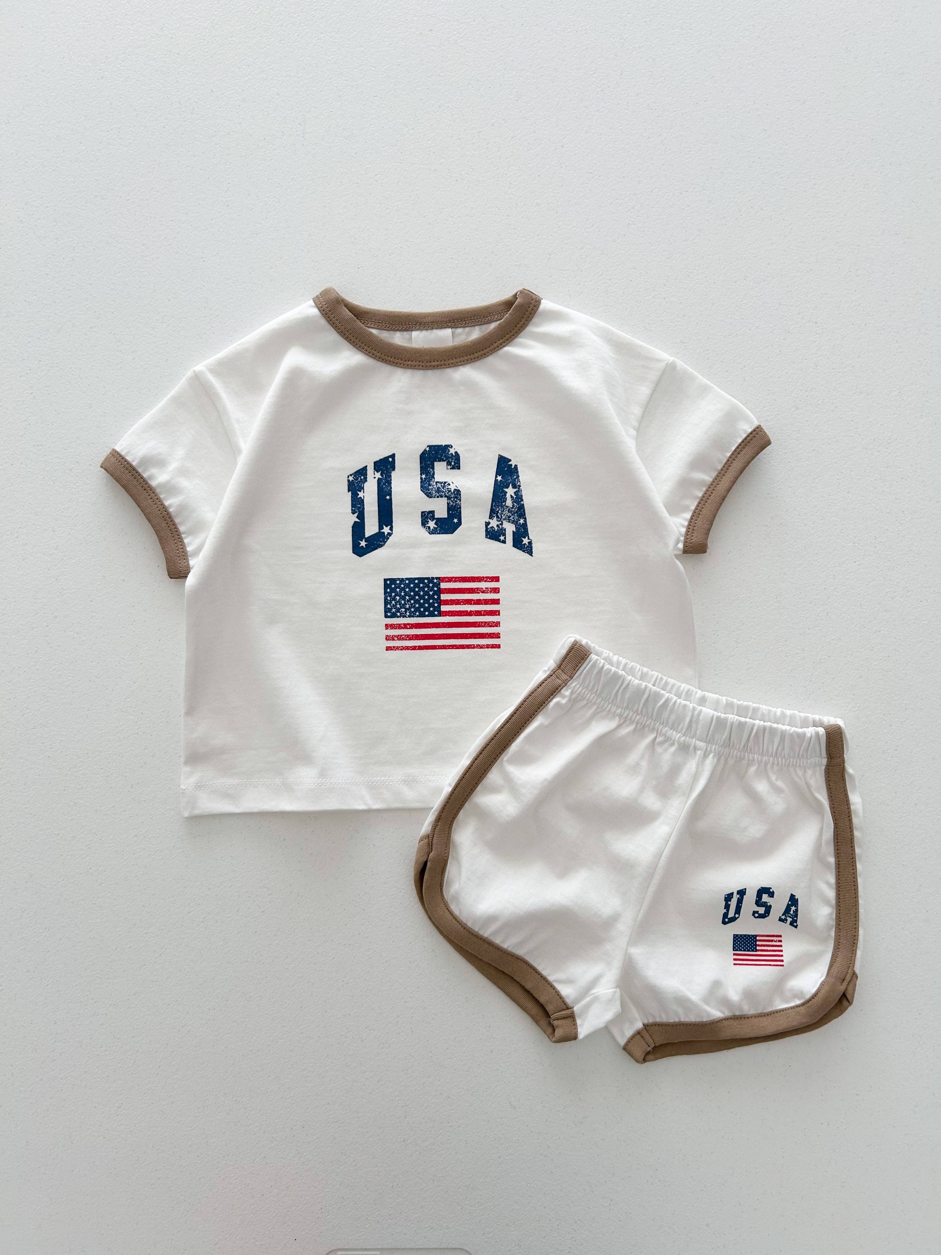 At Noon - Wholesale Top en short set - Kinderen - [At Noon Original Design] Kinderen Vintage Print USA Ringer T-shirt en Shorts Set (8m-7j) - 3 Kleuren5