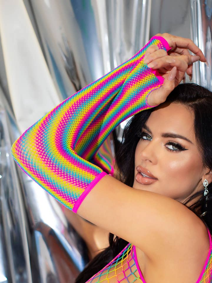 Rainbow Net Fingerless Arm Warmer Gloves for wholesale by Leg Avenue