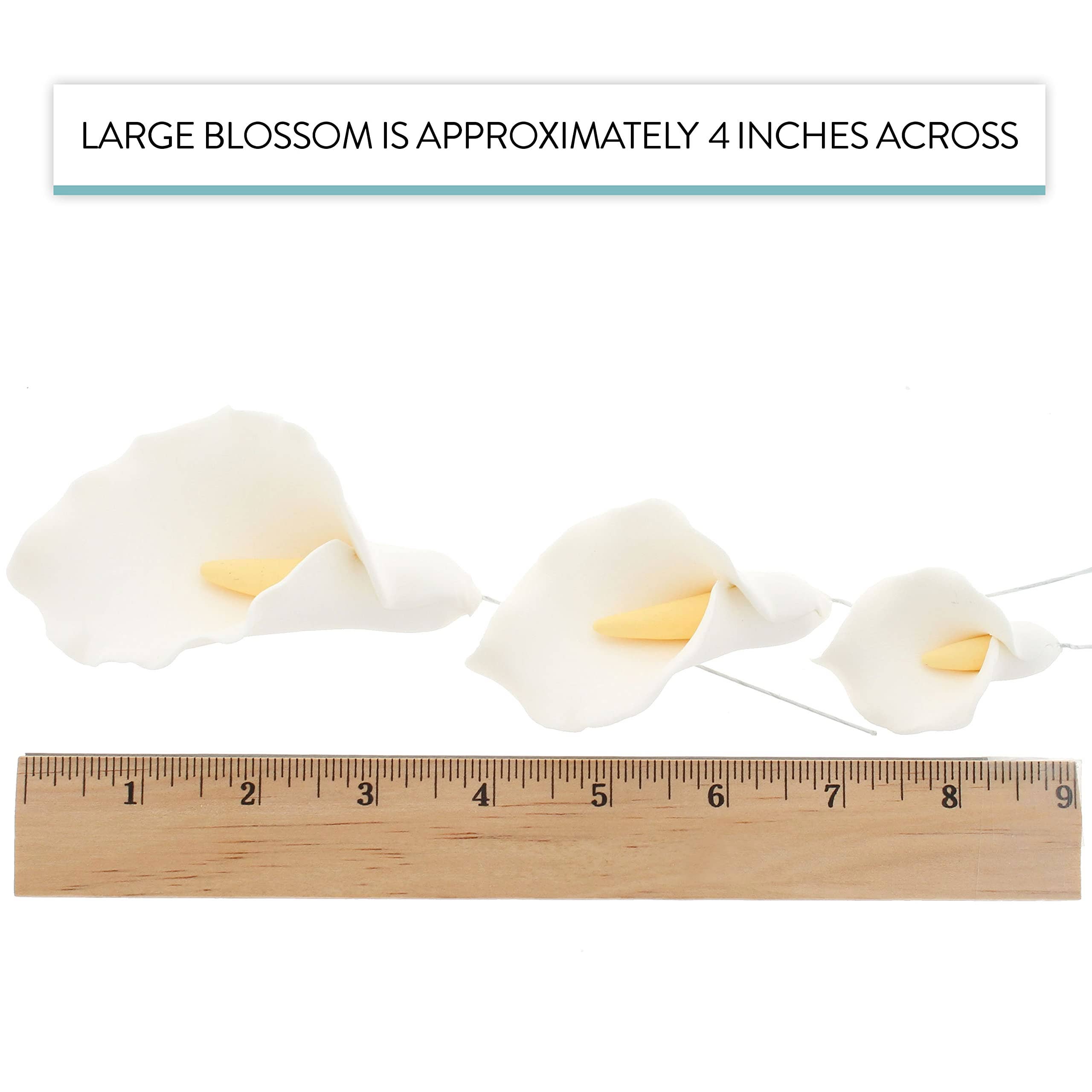 Global Sugar Art - Venta al por mayor Flores artificiales - Flores de Azúcar de Cala para Pastel de Global Sugar Art, Blancas con Amarillo, Alambre, 3 Tamaños, 6 Unidades5