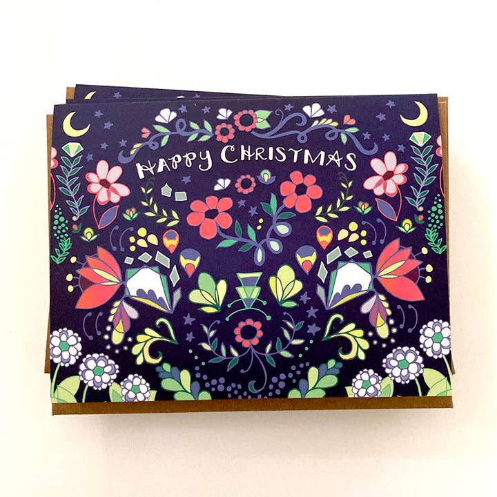 Folk Happy Christmas Card - Feiertags-Grußkarte Frohe Weihnachten für den Großhandel von Cynla