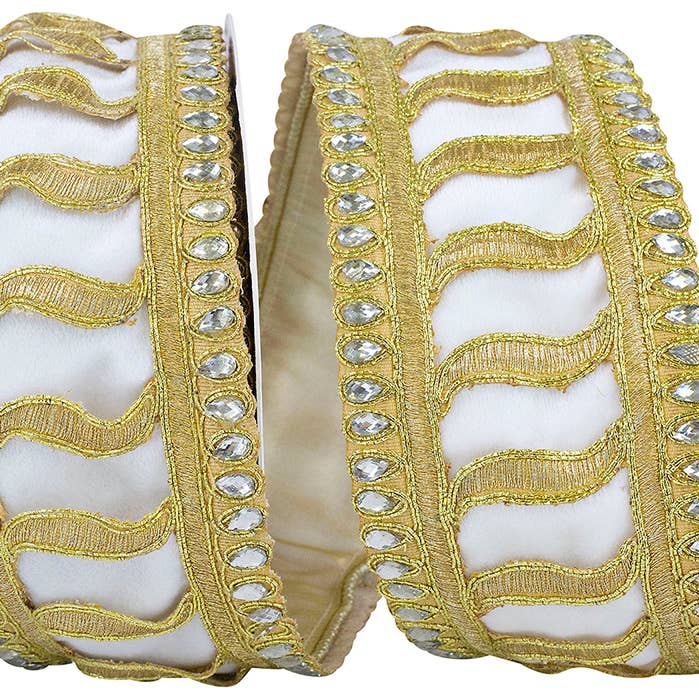 Jeweled Trim Elegance Velvet Wired Edge, Ivory, 2-1/2 In for wholesale by RELIANT RIBBON