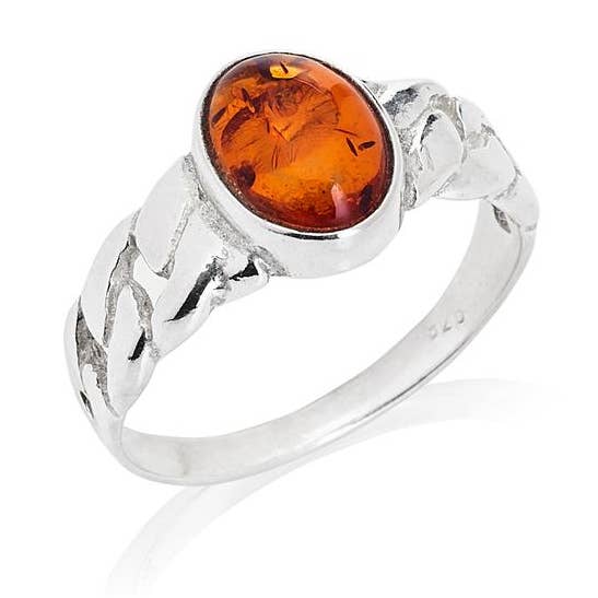 Anillo con ámbar coñac natural redondo, en plata rodiada 925 para venta al por mayor de OPALOOK France