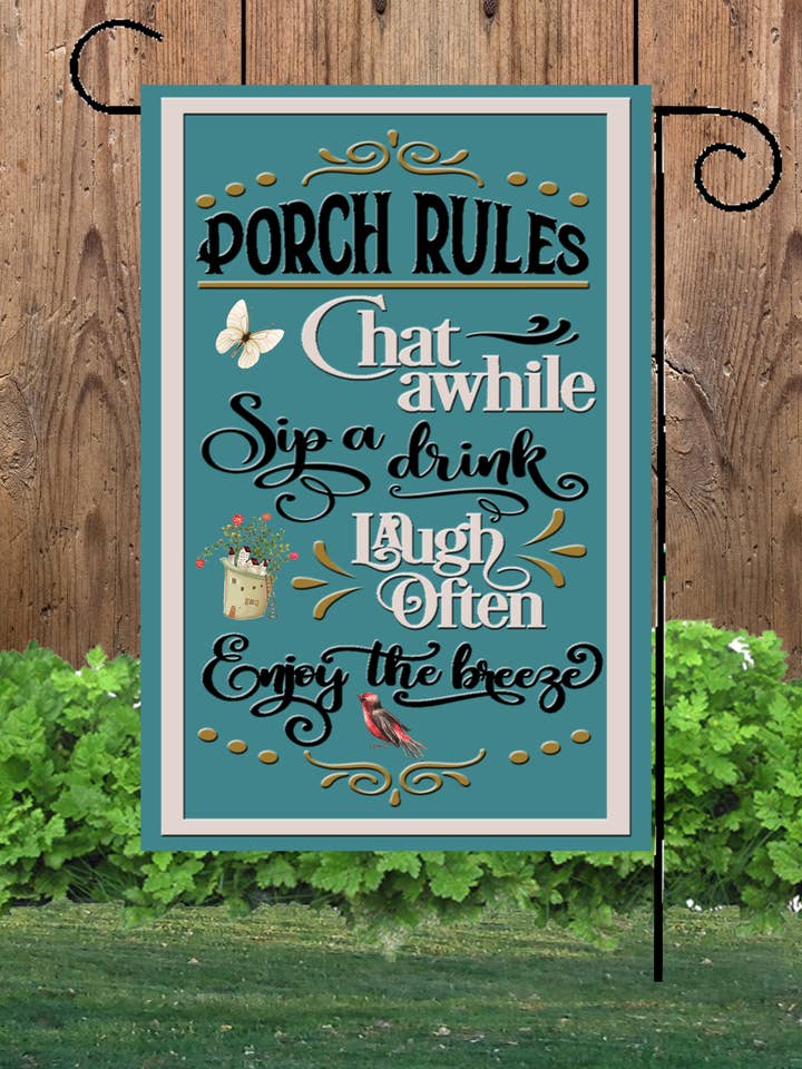 Drapeau de Jardin Règles du Porche pour la vente par Happy Cow Lawn Decor