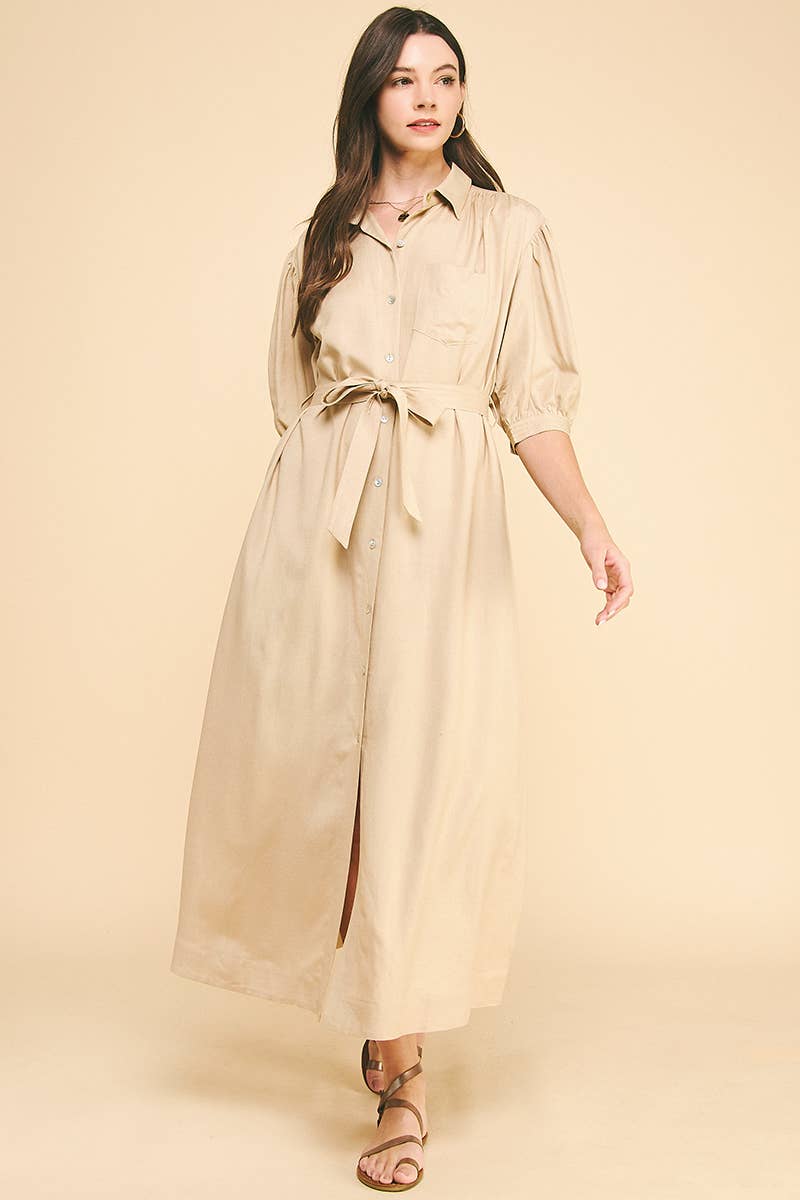 PINCH – Großhandel Kleid – Damen – EINFARBIGES MIDIKLEID AUS LEINEN - 5723D0