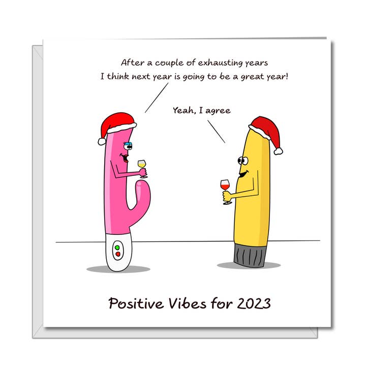 Funny Joke kerstkaart voor vrouw, vriendin of vrienden - positieve vibes happy 2023 - humoristische humor onbeleefde stoute sexy vibrator voor wholesale door Swizzoo Cards