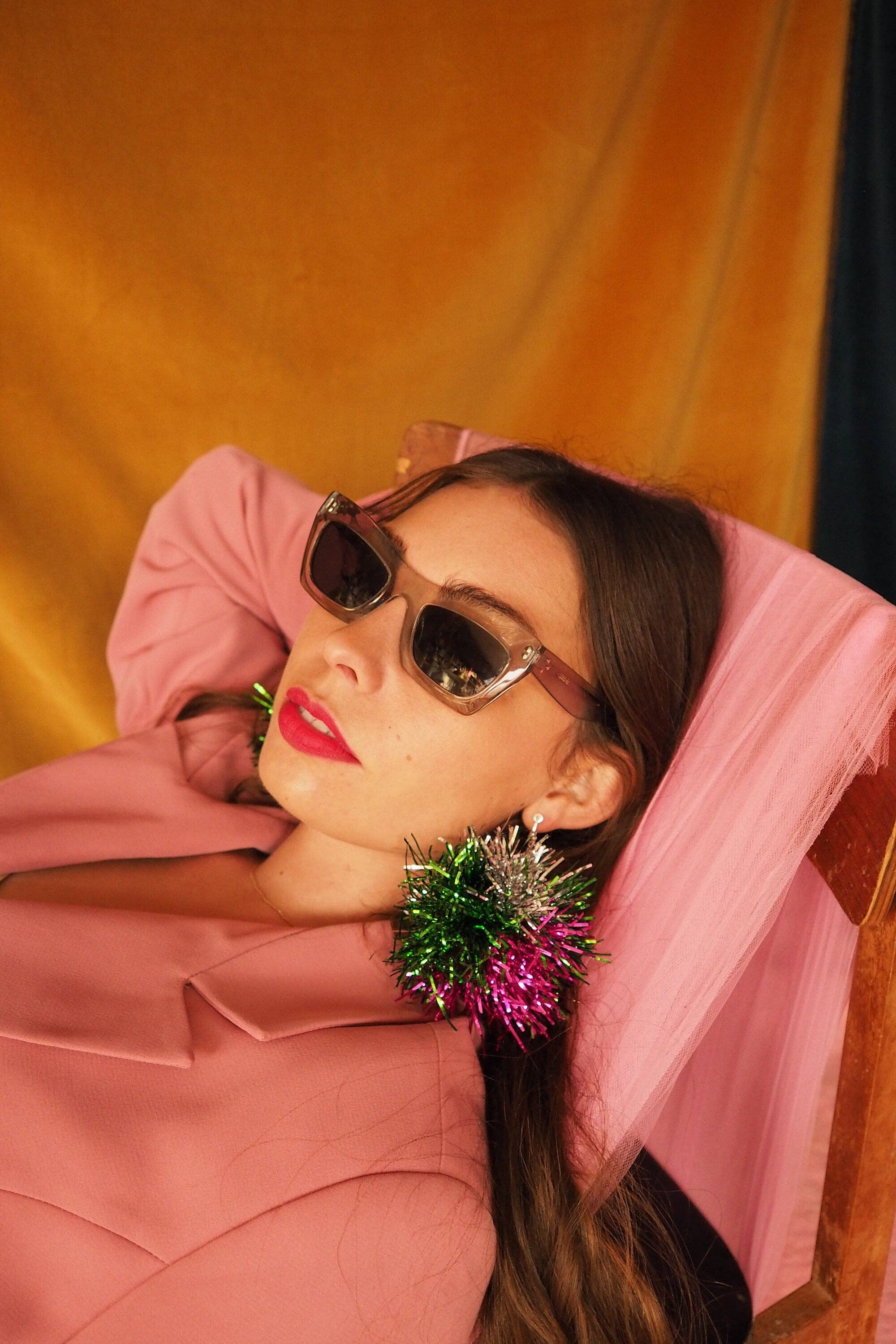 Fat Pom Poms – wholesale Dangle earrings – Green, Pink & Silver Tinsel Pom Pom Earrings - Pom Poms - Christmas Fall Jewelry5